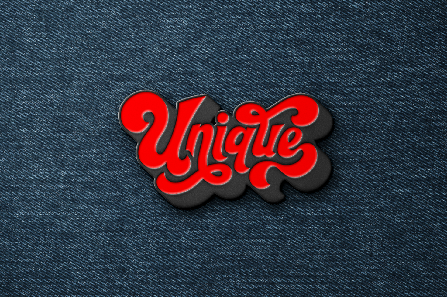 3D lettering graphic with the word Unique in red on textured denim background vivid typographic design creative typography mockup modern design asset for designers