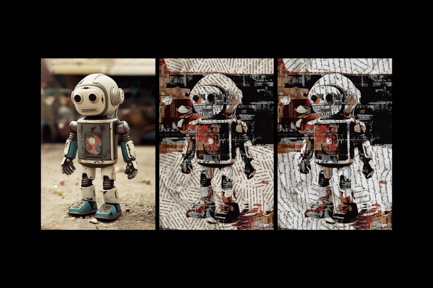 Digital artwork of a retro robot in three variations suitable for graphic design. Great for digital assets, mockups, templates, and creative projects.