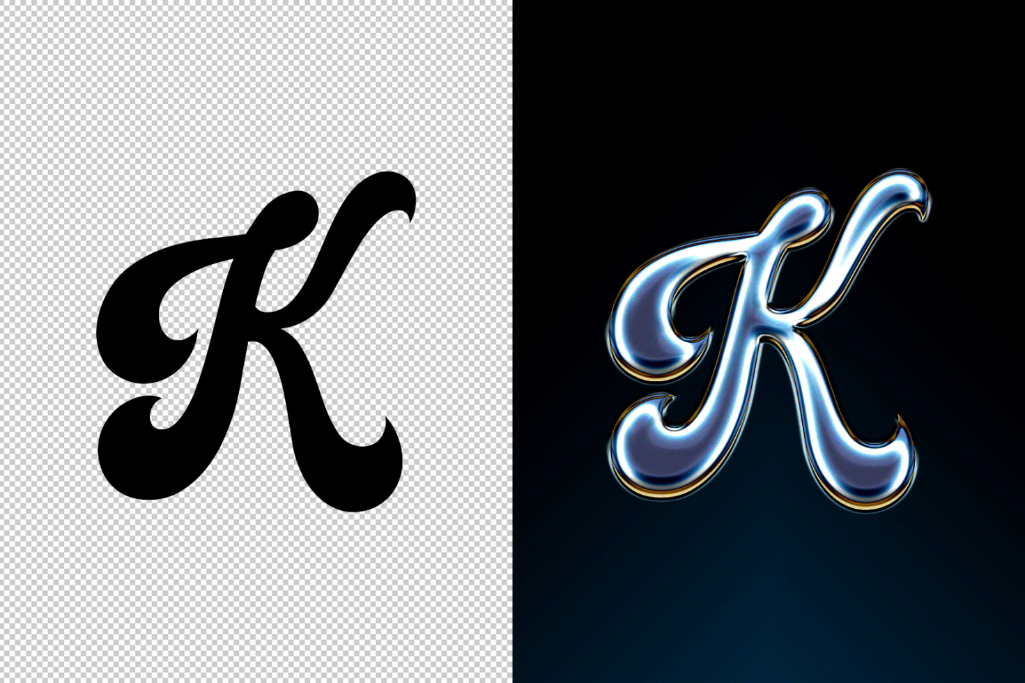 Elegant letter K in black and glossy metal text styles ideal for graphic design templates mockups and font collections suitable for designers.