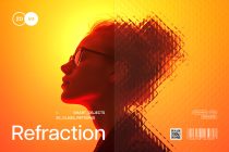 Red silhouette with geometric glass pattern dissolving into warm yellow gradient background