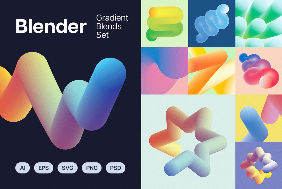 Gradient Blends Set with abstract 3D shapes. Perfect for graphic designers using AI, EPS, SVG, PNG, PSD files. Ideal for mockups, templates, and graphics.