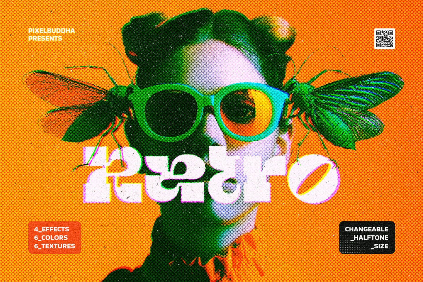 Vibrant halftone graphic design template featuring a bold text overlay on an abstract image of a woman with green glasses and insect wings.