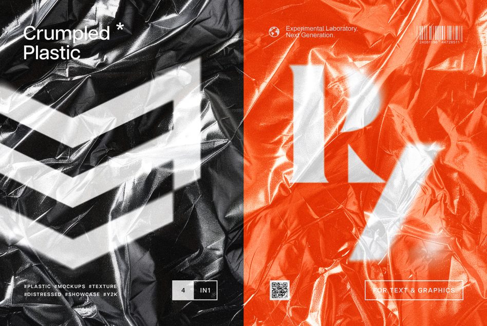 Crumpled plastic mockup set with black and orange textures for designers. Ideal for showcasing text and graphics. Distressed and Y2K style templates.