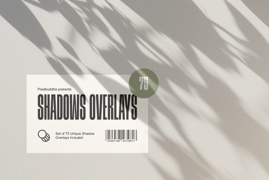 75 Unique Shadow Overlays pack for graphic design by Pixelbuddha presented with shadows. Perfect for digital designers seeking realistic shadow effects.