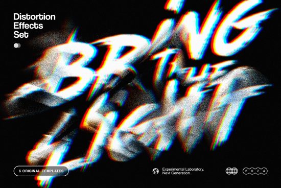 Distortion Effects Set digital art with glitch typography Bring the Light 6 original templates perfect for designers graphics and mockups experimentation text effects