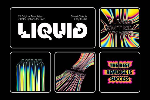 Liquid text toolkit for designers with 24 original templates and 7 color options. Includes editable mockups with vibrant, psychedelic designs and smart objects.