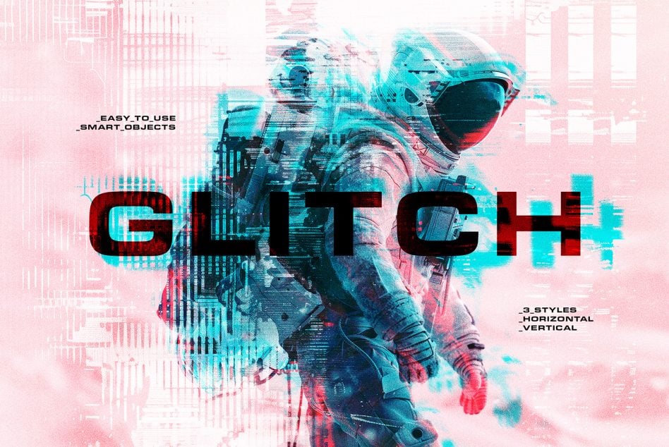 Glitch effect poster with astronaut, cyan pink distortion, bold typography overlay