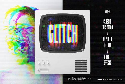 Glitch photo and text effects pack for vintage VHS mood includes 12 photo effects and 6 text effects for designers. Ideal for creating retro visuals.