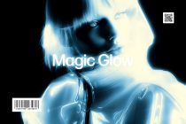 Glowing neon light effect overlaid on portrait of woman with blue hair against dark background
