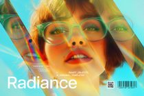 Retro portrait with rainbow light leaks, green glasses, geometric slices on turquoise backdrop