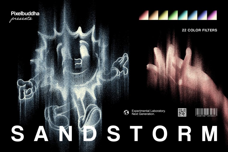 Sandstorm texture pack with 22 color filters ranging from cool blues to warm pinks on black background