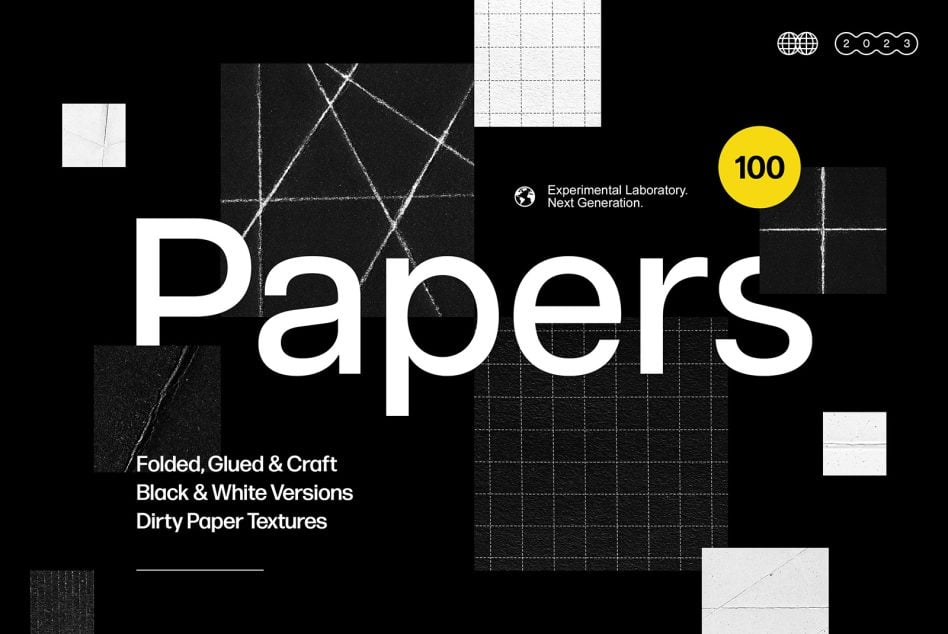 Grungy paper texture mockup pack with folded, creased, crumpled surfaces in black, white, grayscale finishes