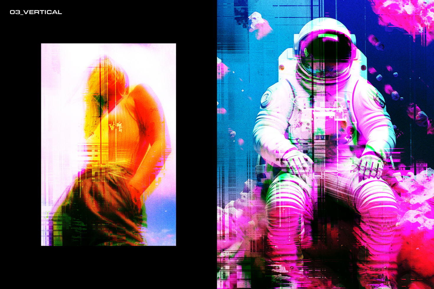 Glitch art poster featuring a distorted photo of a woman and an astronaut against abstract backgrounds. Perfect for graphic designers seeking unique digital assets.