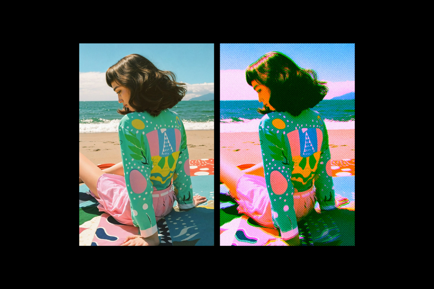 Beach scene mockup with a vibrant retro-inspired design. Side-by-side comparison showing original and stylized posterization effect. Perfect for graphic designers.