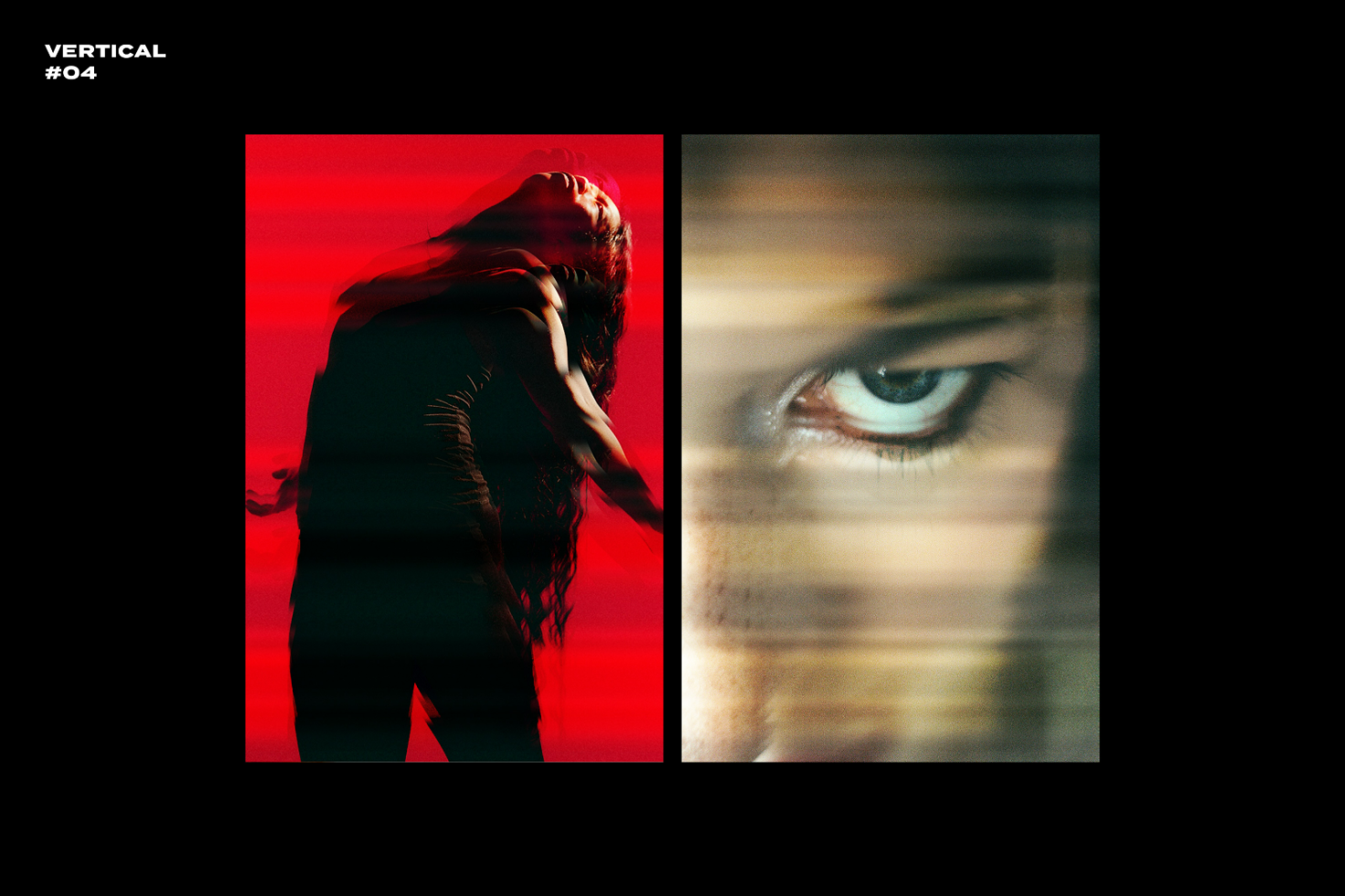 Dynamic digital artwork featuring a colorful abstract photo of a dancer on left and an intense close-up eye on right. Ideal for designers seeking unique graphics.