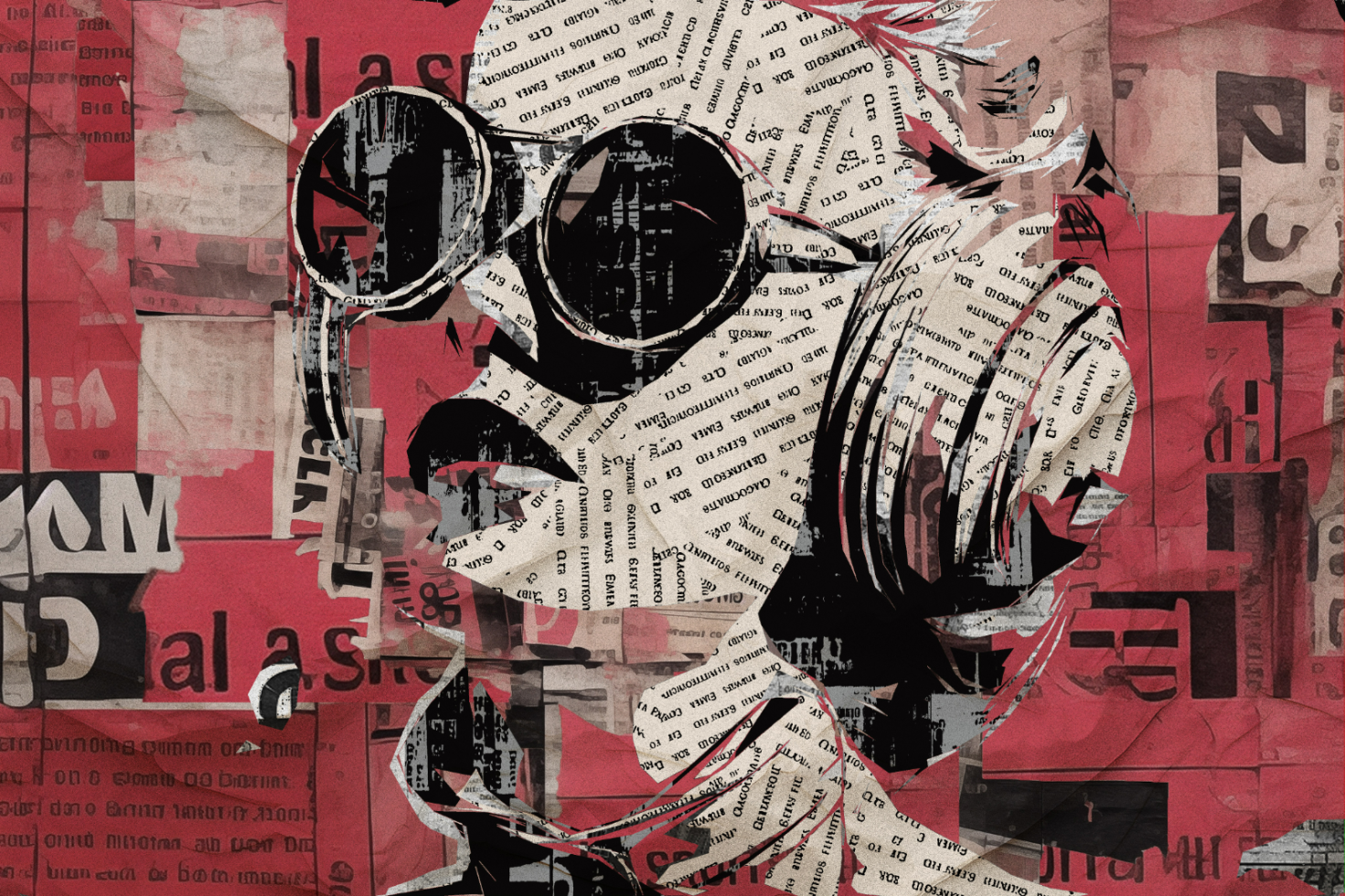 Collage-style artwork of a person with sunglasses and headphones using newspaper clippings. Ideal for graphic designers seeking unique, urban digital graphics.