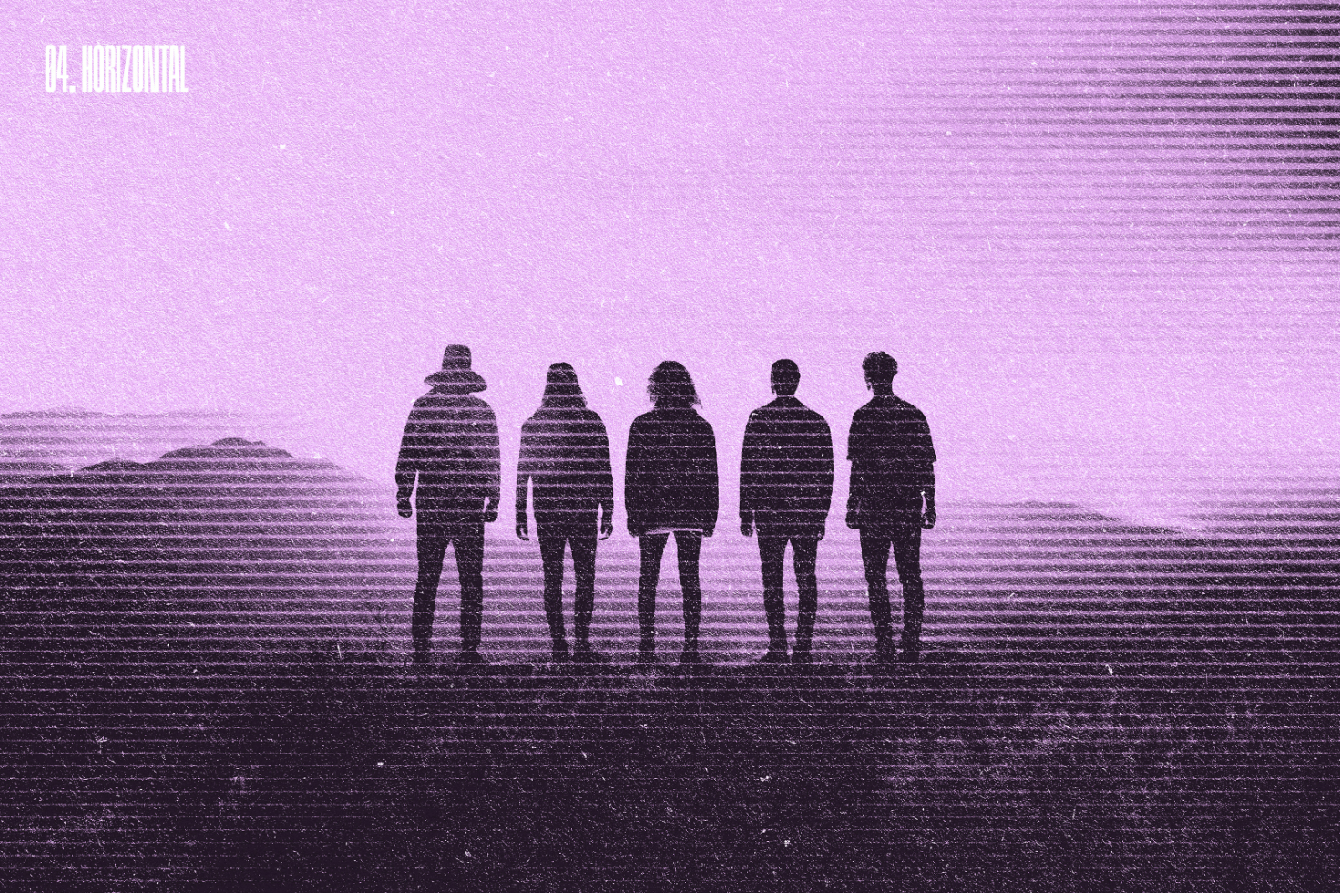 Silhouette of five people standing against a pink gradient background with horizontal lines effect. Perfect for graphics, mockups, and design projects.