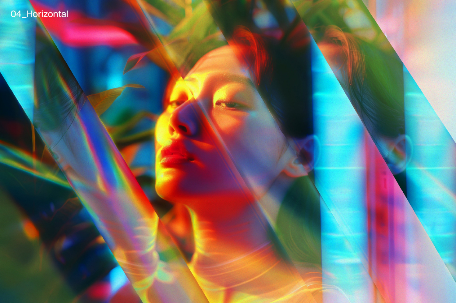 Vibrant abstract portrait mockup featuring colorful light reflections and artistic overlays, perfect for designers looking for unique and creative graphic templates.