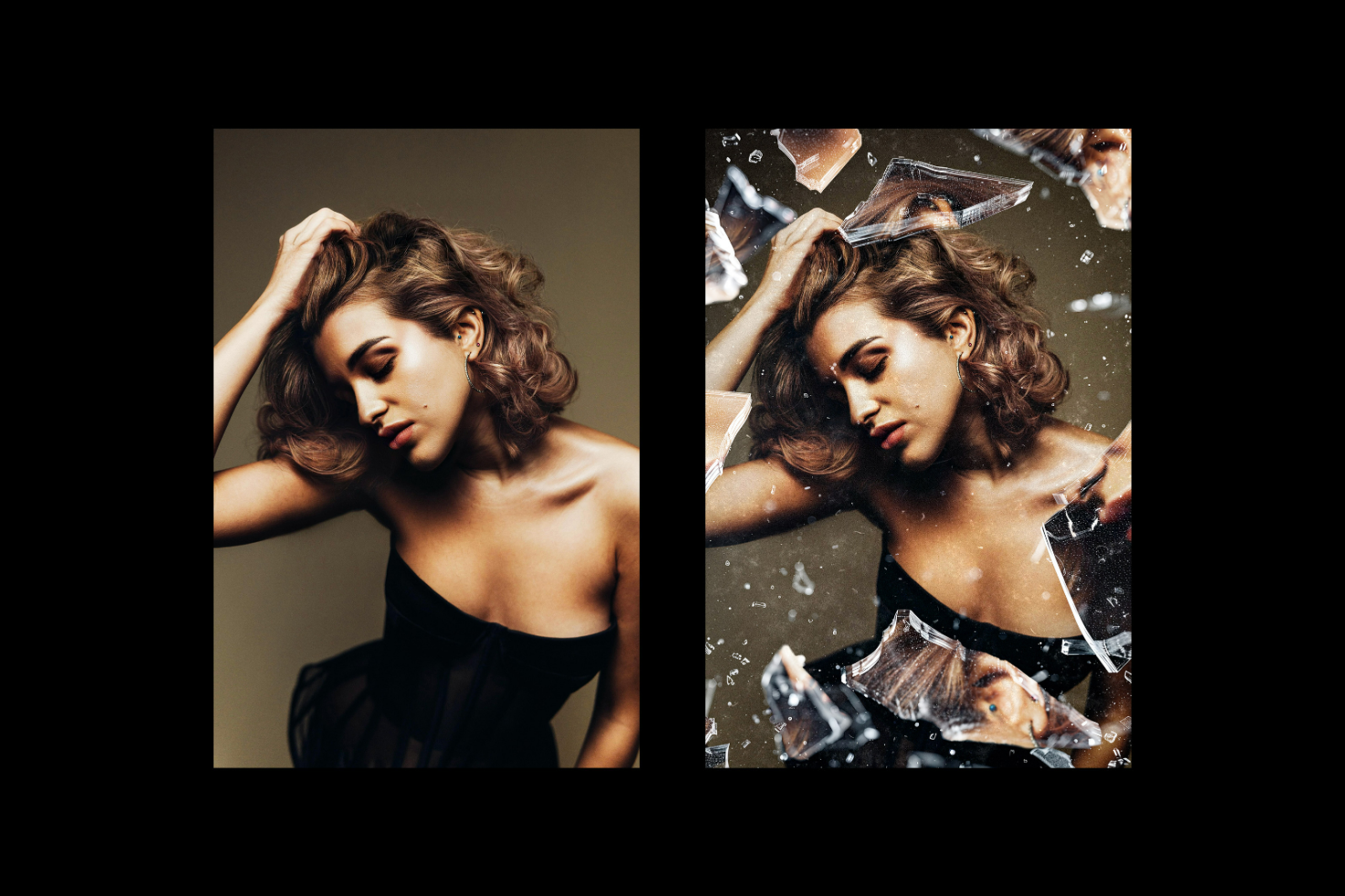 Portrait photo editing before and after comparison. Model holding head. Edited with shattered glass effect overlay. Suitable for graphic design, photo mockups.