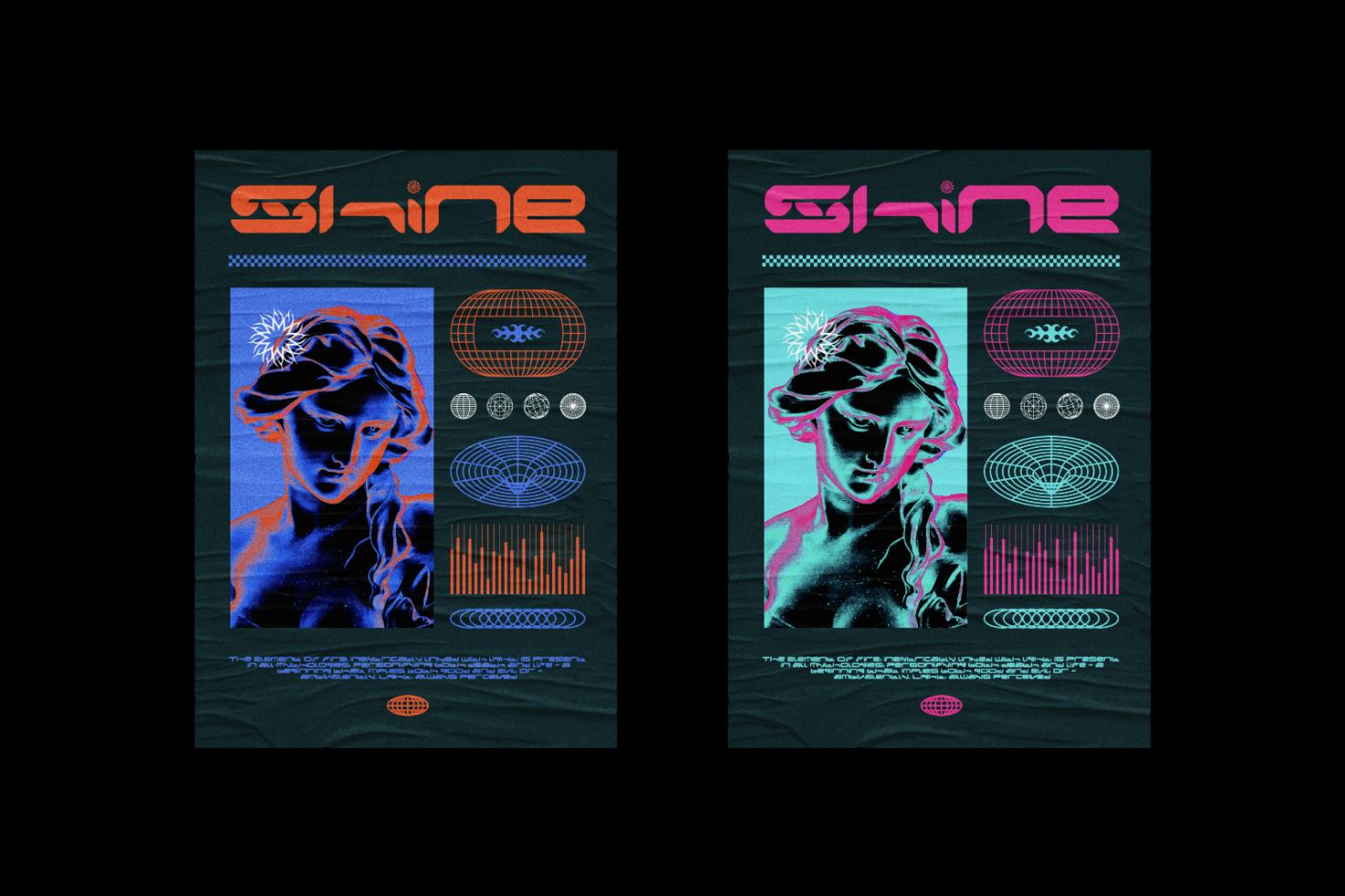 Futuristic graphical design template featuring a neon-colored statue, geometric shapes, and techno elements. Ideal for designers looking for vibrant digital assets.