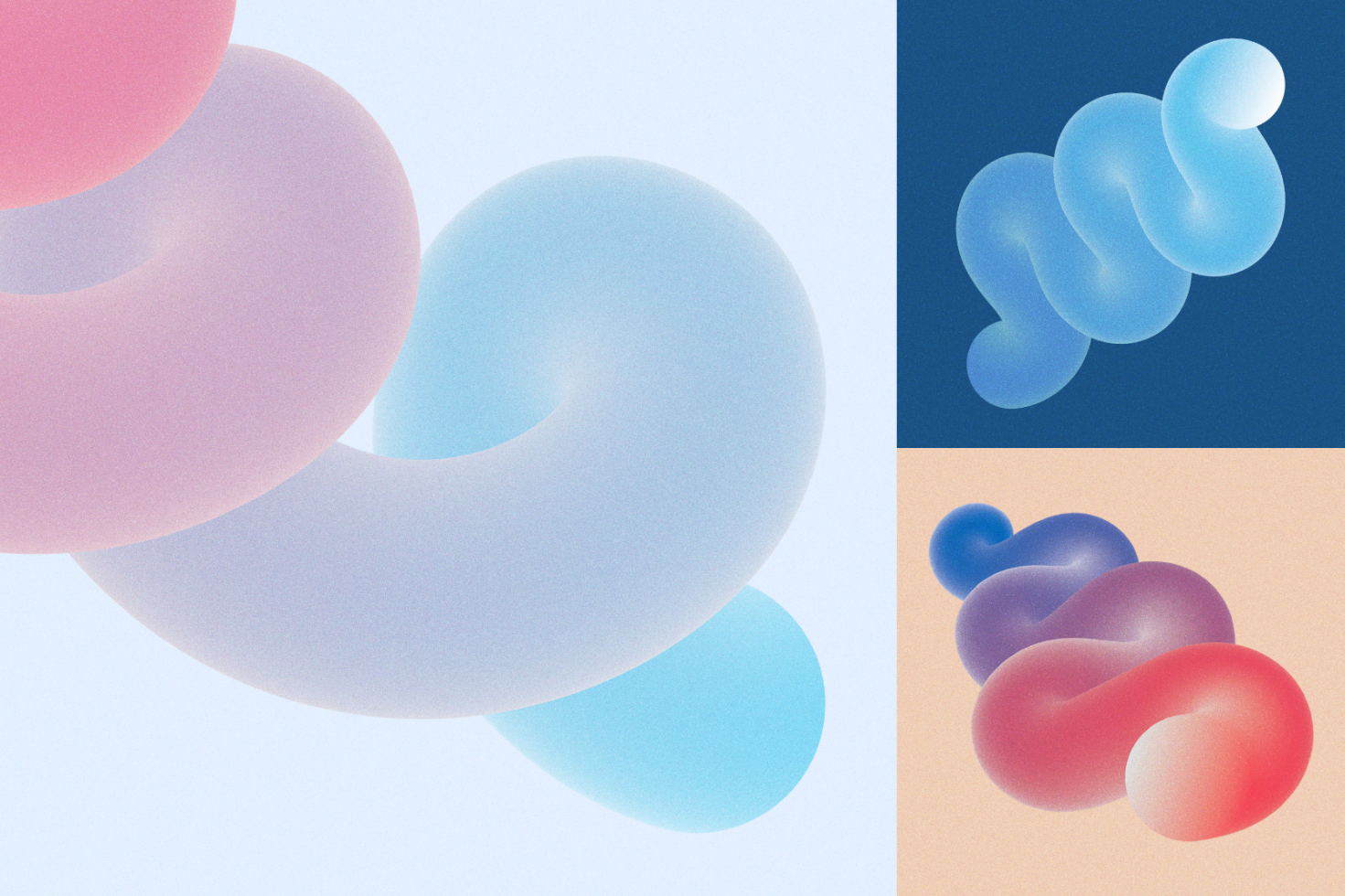 Abstract 3D gradient shapes in pastel and vibrant colors on various backgrounds. Suitable for graphic design projects, templates, and artistic mockups.