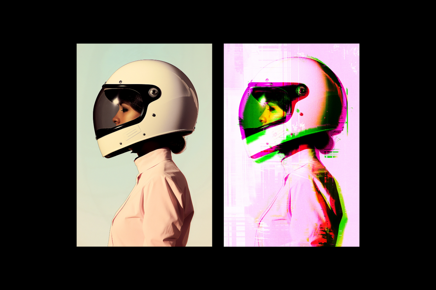 Digital asset featuring side profile of a person wearing a white helmet with a glitch art effect. Suitable for designers. Keywords: mockup graphics template art.