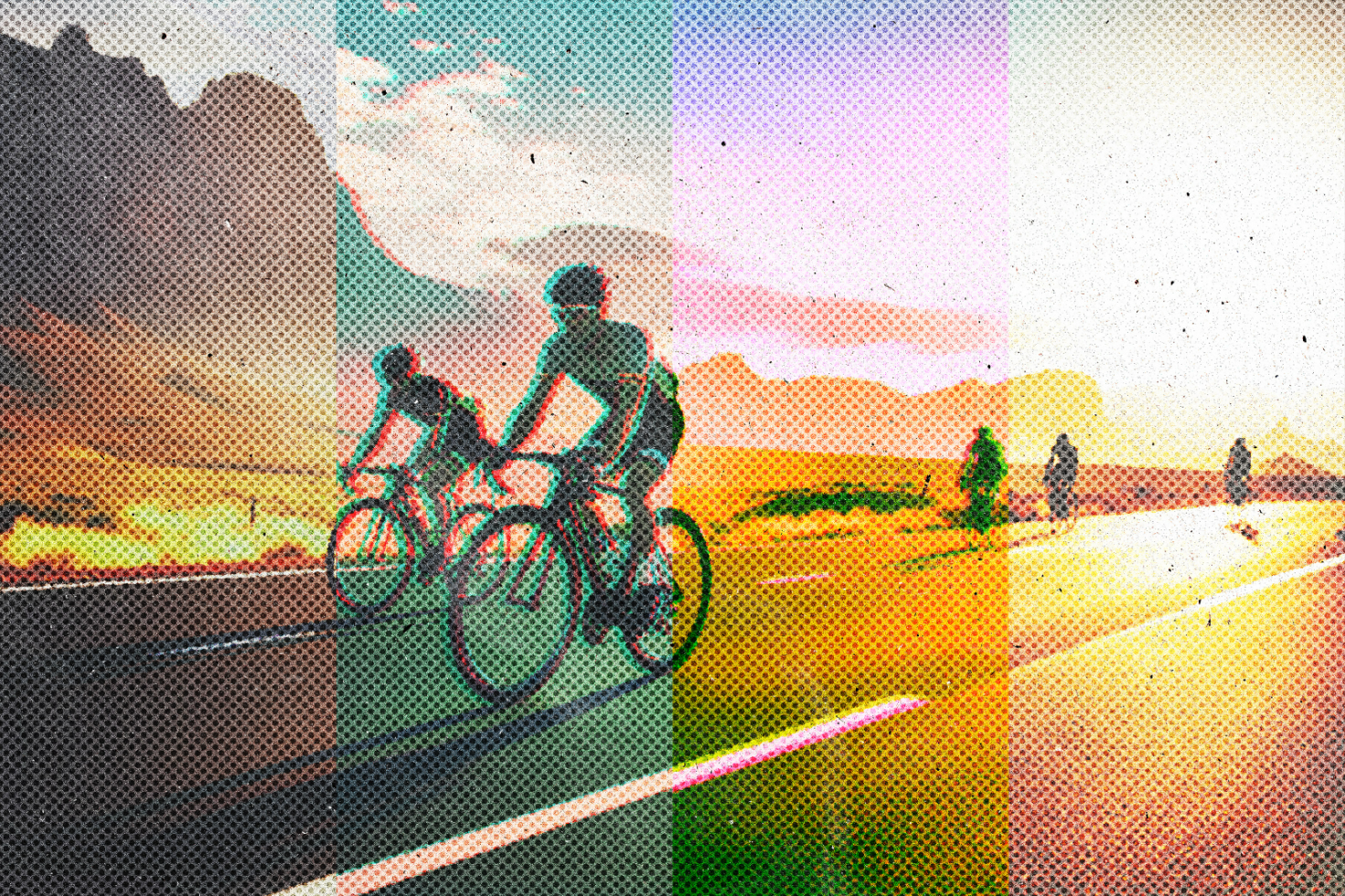 Cycling illustration with vibrant pop art halftone effect. Perfect for digital graphics, print design, templates, and mockups. Ideal asset for designers.