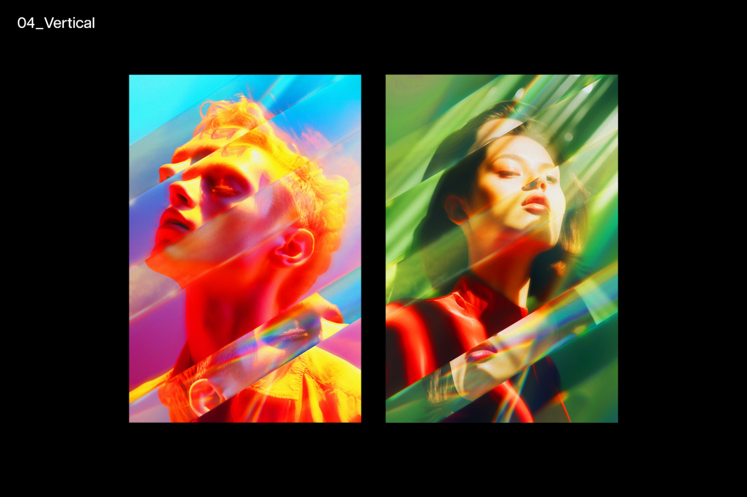 Two vibrant holographic portrait mockups featuring a man and a woman in colorful gradient light. Ideal for designers, showcasing modern visual effects.