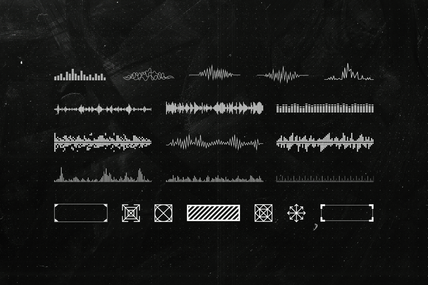 Set of digital audio waveforms and loading bar graphics on black chalkboard background perfect for design templates, mockups, UI graphics, and multimedia projects.