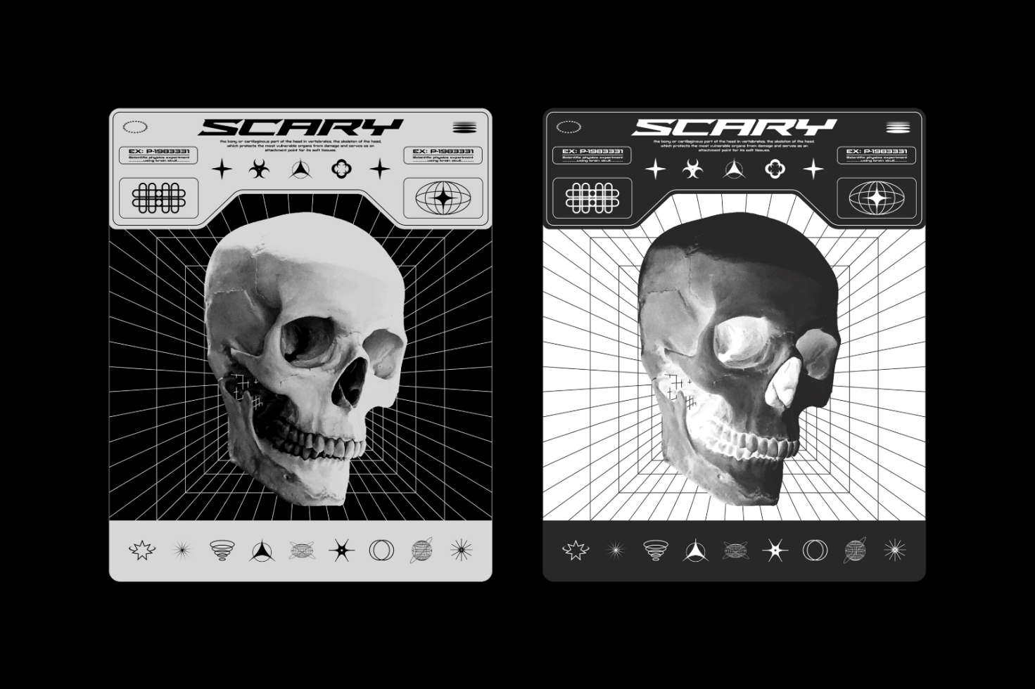 Two digital posters featuring skull graphics, with sci-fi interface elements. Ideal for mockup, graphics, templates and font projects for designers seeking horror or sci-fi themes.