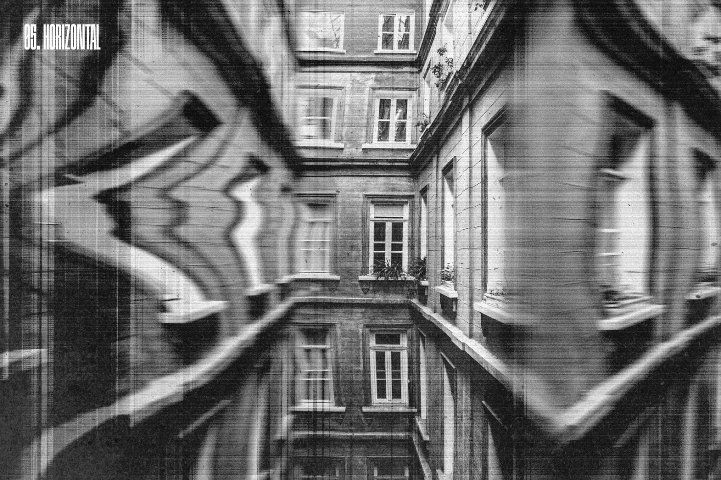 Distorted black and white photo of an apartment courtyard with a textured effect for use as a digital graphic asset. Keywords: Courtyard, Distortion, Graphic, Texture