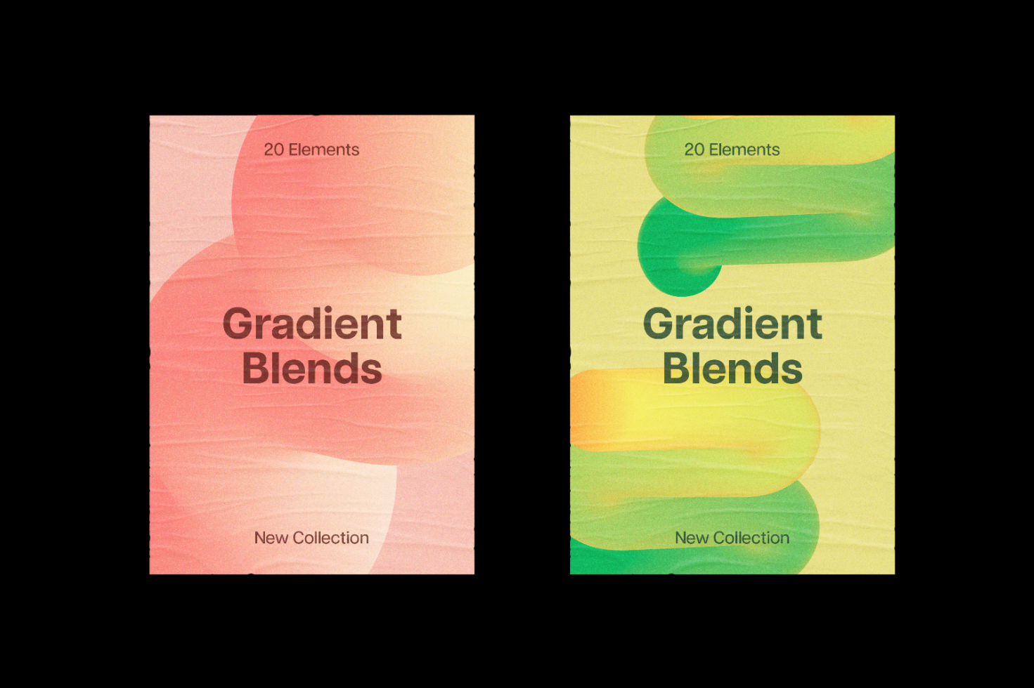 Two Gradient Blends designs, each with 20 elements. One set in pink tones, the other in green and yellow. Ideal for templates, mockups, and graphic projects.