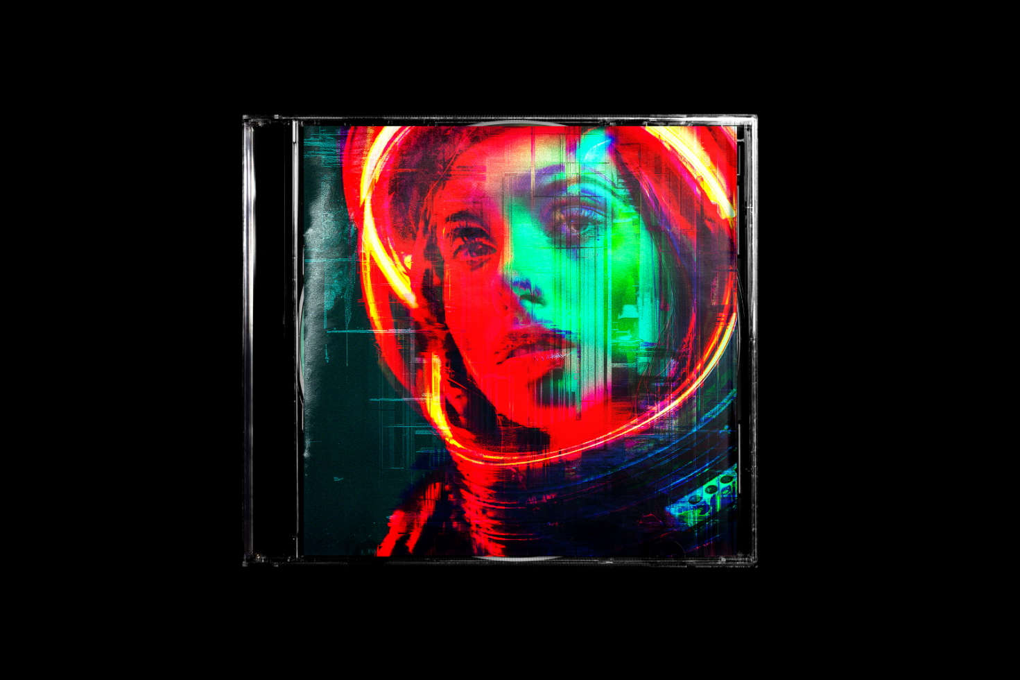 Digital glitch art of a woman in a multicolored space helmet on a dark background ideal for album cover mockups graphics futuristic designs and cyberpunk-themed templates