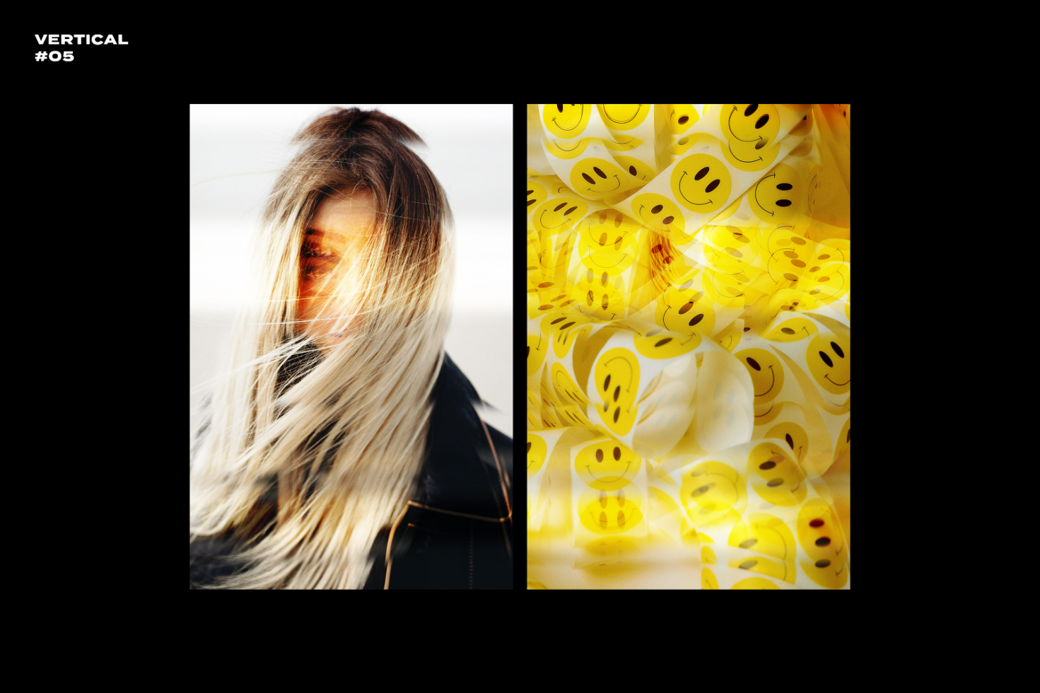 Vertical image template with a split view: left side shows a person with long blond hair, right side features yellow smiley faces. Perfect for designers.