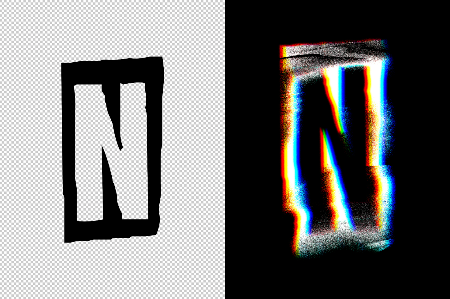 Letter N glitch effect design for digital assets. Black and white pixelated style on left and colorful glitch distortion on right. Ideal for graphic projects.