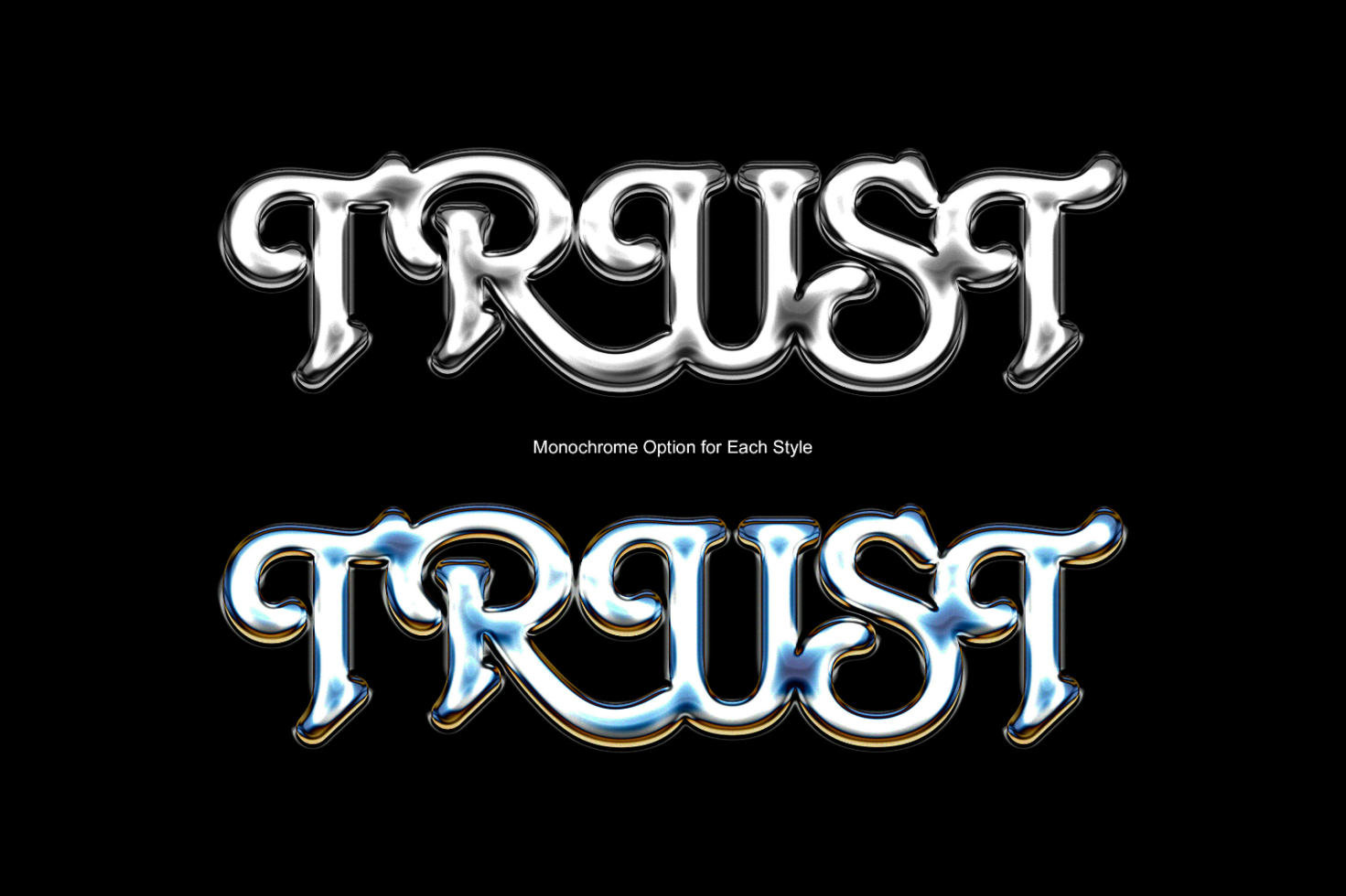 Decorative 3D metallic text reading trust in silver and blue, suitable for digital assets, fonts, graphics, design mockups, and templates.