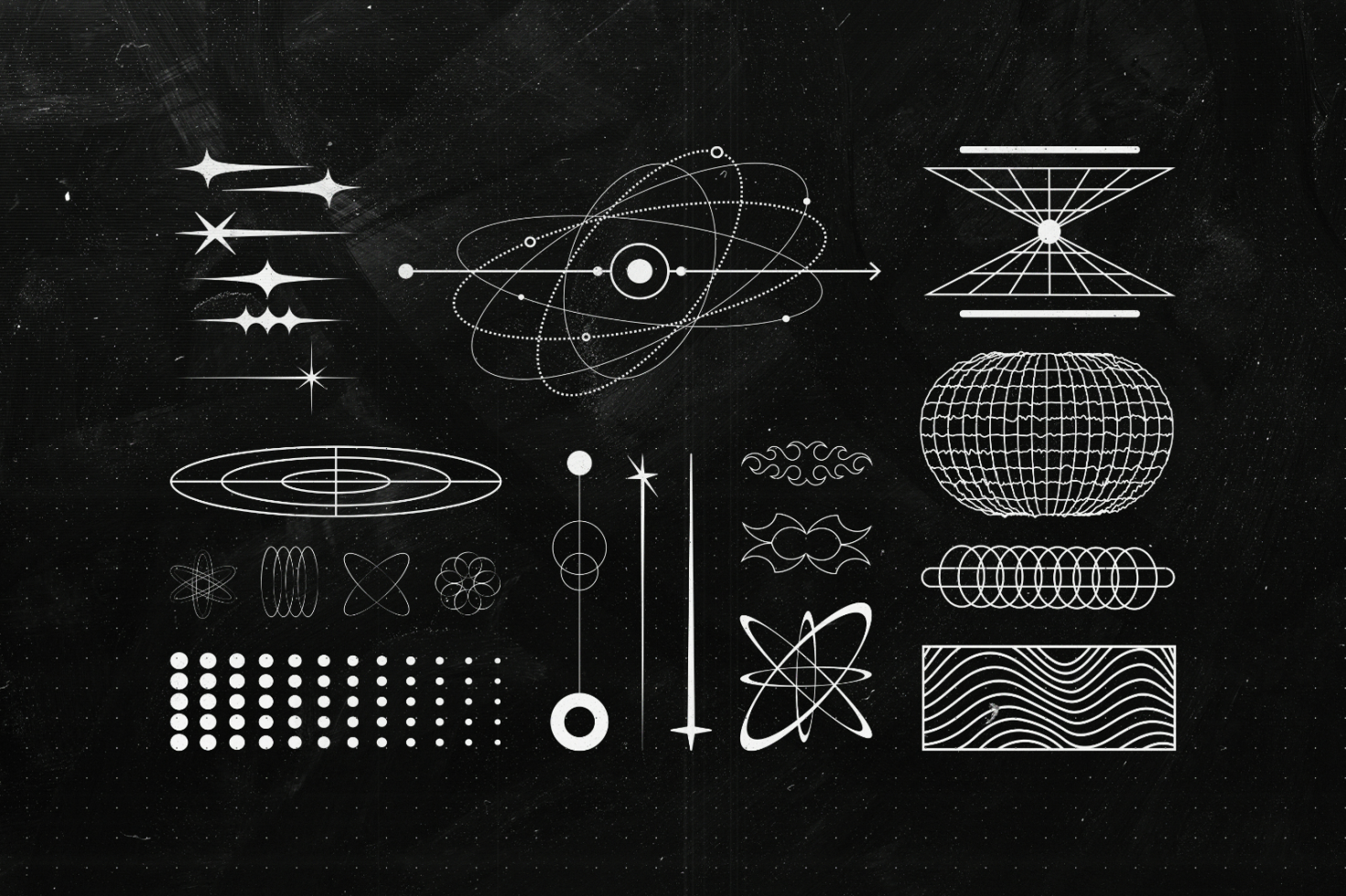 Vector graphic design elements on black background; includes geometric shapes, stars, and abstract forms; suitable for templates and graphics.