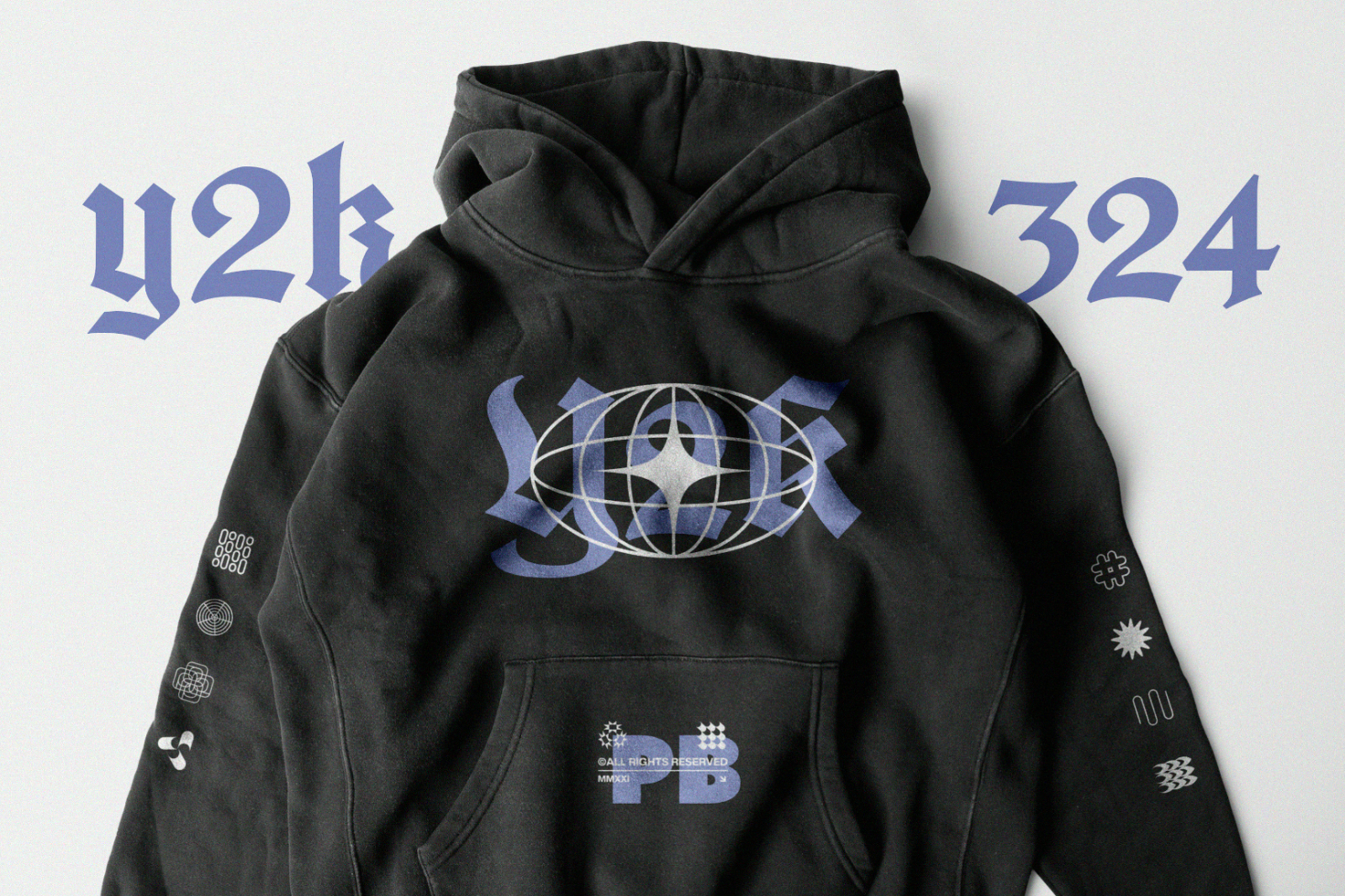 Black hoodie mockup with Y2K design elements in blue. Intricate sleeve graphics and a front logo centered. Ideal for showcasing apparel designs.