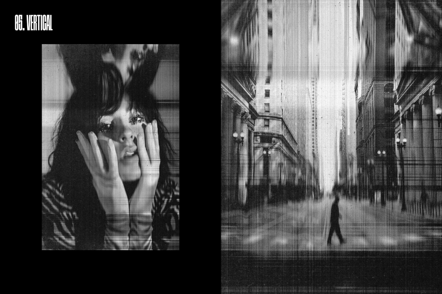 Black and white glitch effect art with a distorted portrait and an abstract city scene. Ideal for digital graphic designers seeking unique artistic templates.