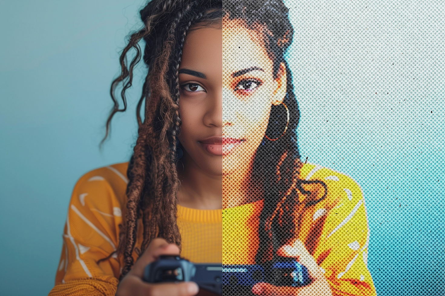 Image of a woman holding a game controller split into two styles realistic and halftone perfect for digital assets designers mockups graphics templates