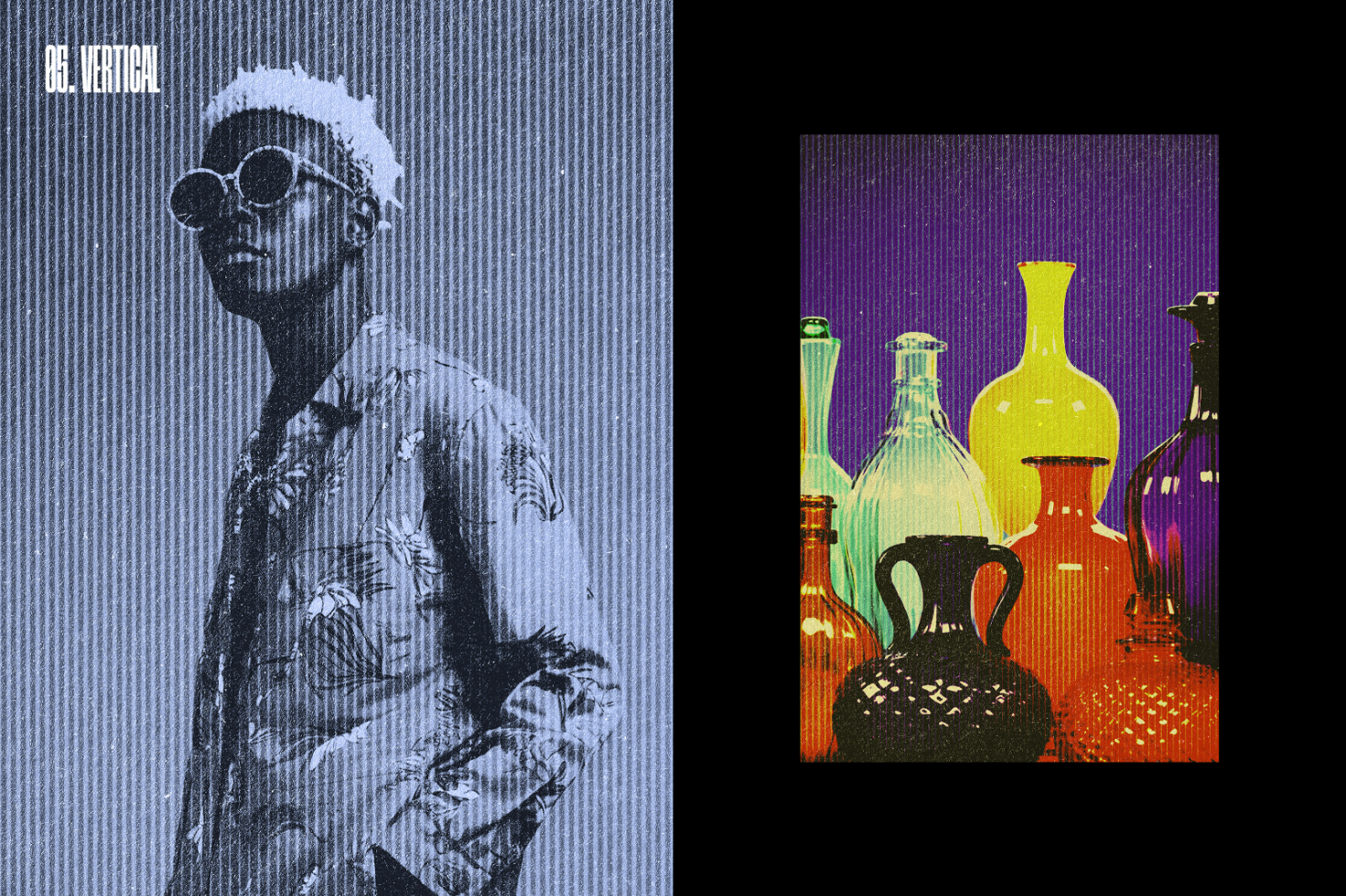 Vintage halftone mockup features monochrome portrait with stylish glasses and colorful glass bottles; perfect for designers searching for unique graphic assets.