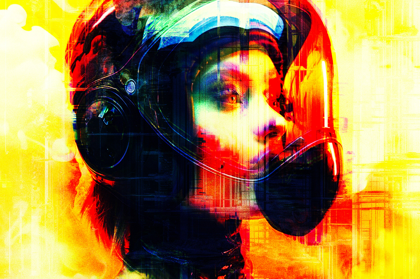 Digital artwork of a woman wearing a futuristic helmet with vibrant colors. Perfect for graphic design projects in sci-fi, abstract art, and digital illustrations.