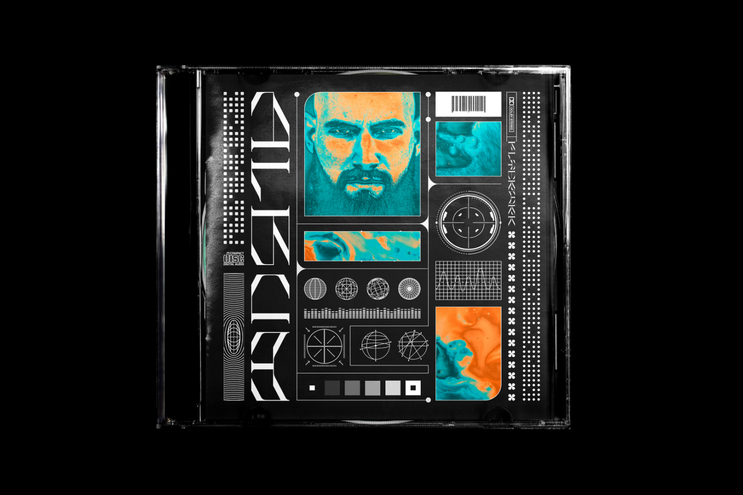 CD album cover with abstract, futuristic design, vibrant colors, and geometric patterns, suitable for mockups, graphic designs, and digital templates for designers