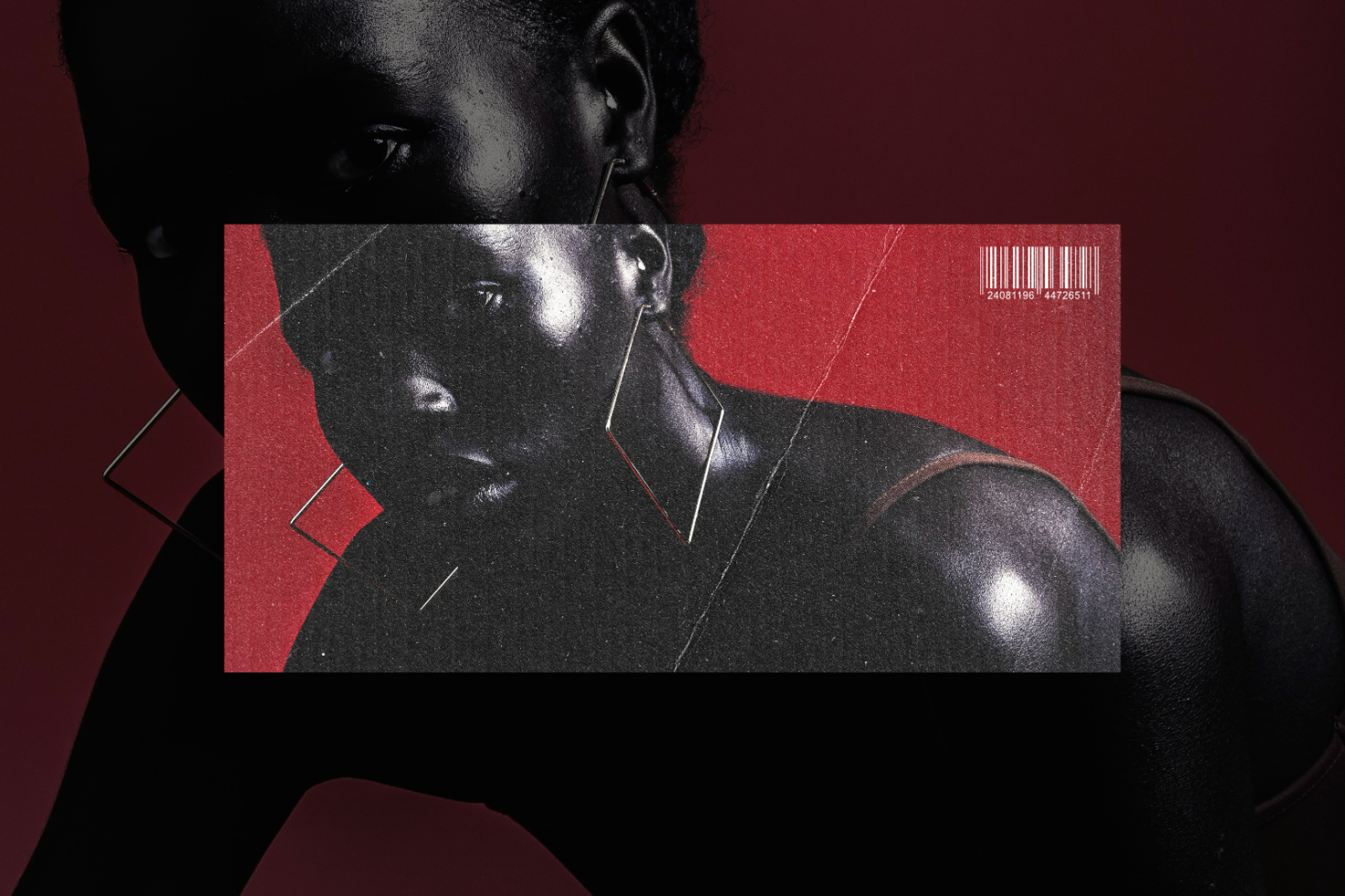 Modern abstract design featuring a dark-skinned model and geometric earrings against a red backdrop. Perfect for graphic design templates, digital assets, and mockups.