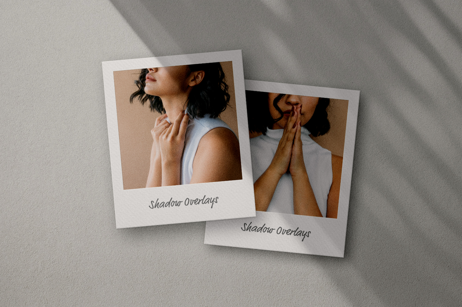 Polaroid mockup with shadow overlays featuring close-up photos of a woman. Ideal for graphic design projects. Keywords: Mockup, Shadow Overlays, Graphic Design