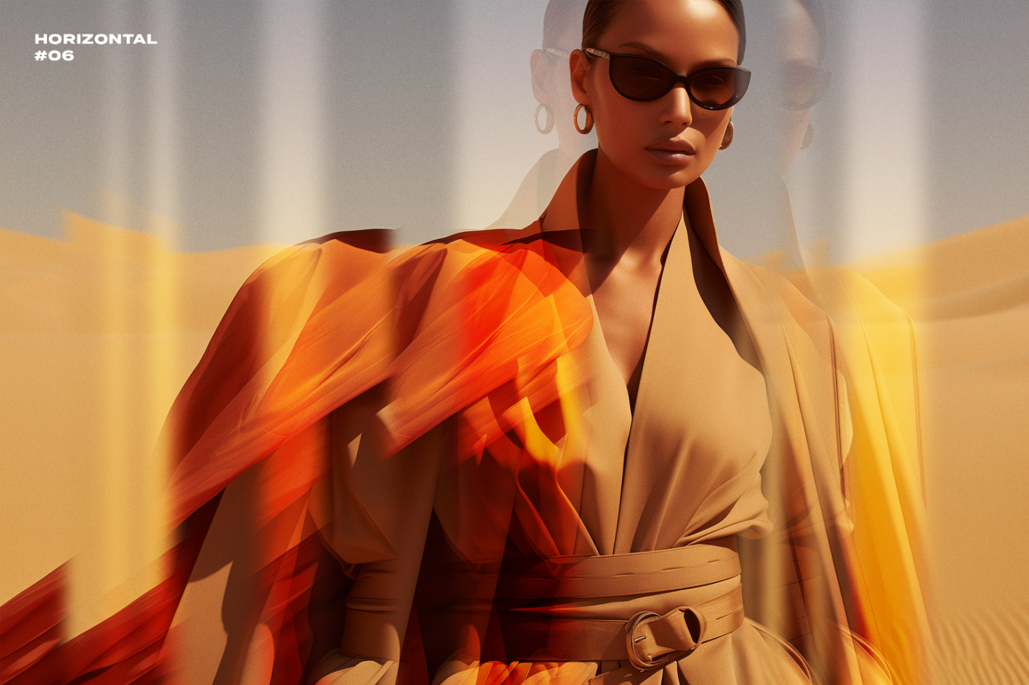 Stylish woman in orange flowing dress with sunglasses in a desert landscape. Ideal for fashion mockups, digital art, and graphic design assets. Horizontal 06