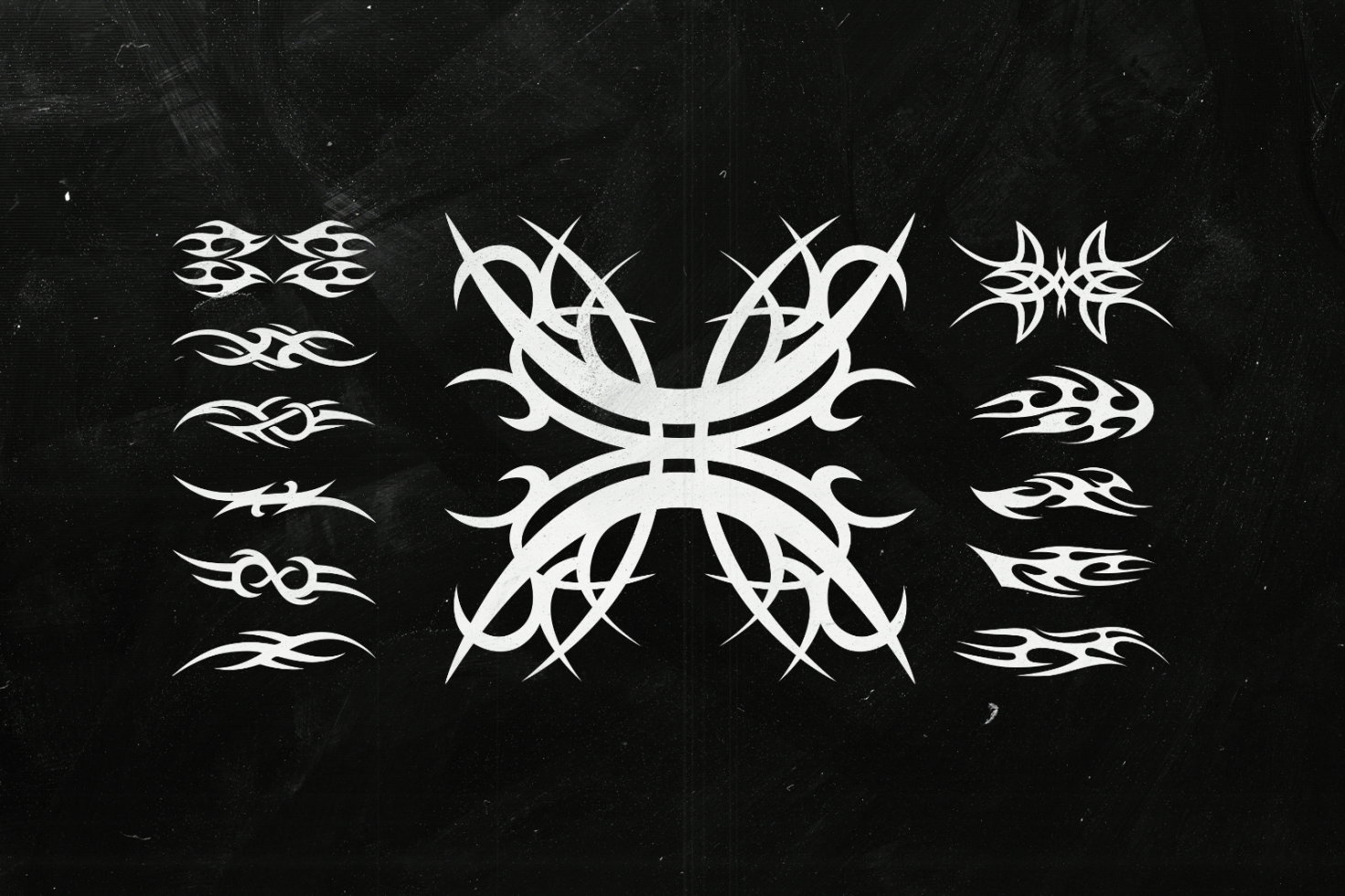 Collection of white tribal tattoo vector graphics on a black background suitable for designs, illustrations, and templates for designers.