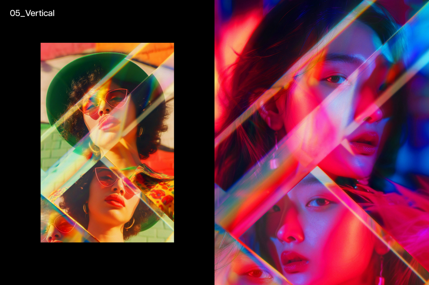 Colorful abstract photo of two models, featuring prism light effects, suitable for graphic design asset, perfect for mockups, templates, or creative projects.