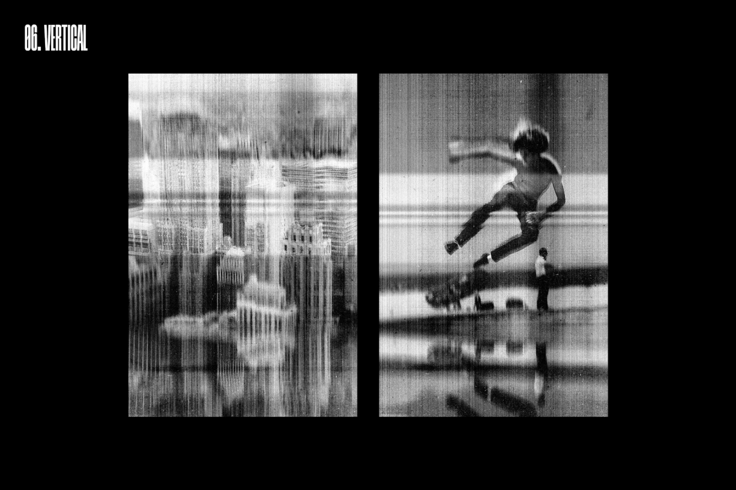 Vertical glitch art mockup featuring abstract cityscape and dynamic skateboarder. Distorted black and white digital aesthetic perfect for designers and graphic projects.