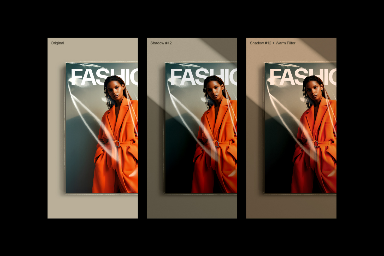 Magazine cover mockup featuring fashion model in orange coat, showcasing original, shadow, and warm filter variations for digital designers and graphic templates.